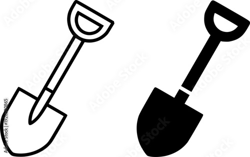 Black and white shovel illustration set : outline and silhouette icons