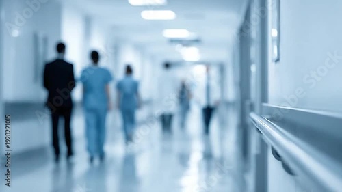 Blurred figures of doctors and nurses walking down a hospital hall