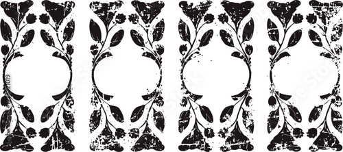 vintage floral frame pattern with distressed texture in black and white
