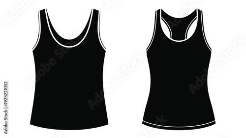 Two black tank tops displayed against a white background silhouette