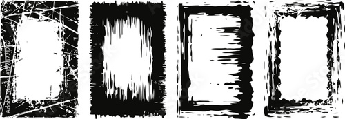 Four grunge distressed black and white rectangular frame designs with rough edges and scratches