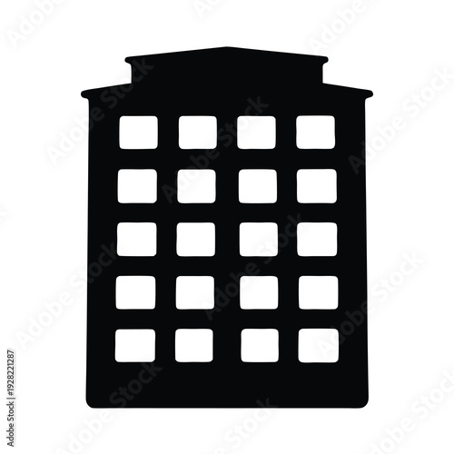 Stylized black silhouette of a multistory building with many windows