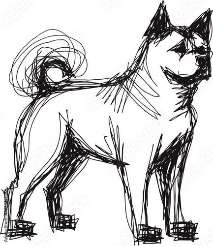 Sketch of a standing dog with curled tail, rough black pen lines on white background