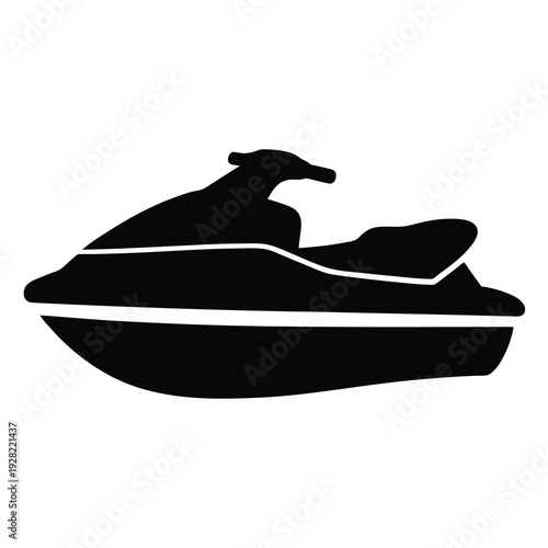 A simple black and white silhouette image of a personal watercraft