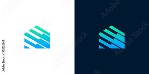 Modern Abstract House Logo Design with Gradient Blue and Teal Stripes on White and Dark Blue Backgrounds