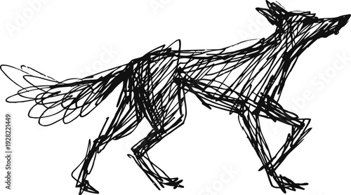 Abstract black fox sketch hand drawn animal silhouette with dynamic rough strokes and energetic lines