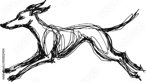 abstract black line drawing of a running dog in dynamic motion on white background