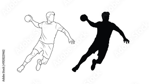 Handball players in action one shown as a dark silhouette