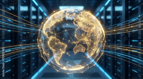 Glowing globe with network connections in a futuristic server room background earth