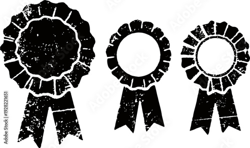 Three vintage award ribbons with two hanging tails, grunge texture, classic prize decoration symbols