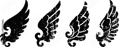 grunge black angel wings set in various worn textures and feather shapes