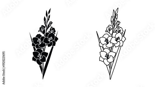 Two floral arrangements depicted in a striking black silhouette