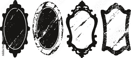 Set of vintage ornate mirrors with antique decorative frames, distressed reflective surfaces, isolated silhouette design