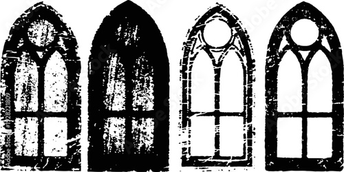Four vintage gothic arched window silhouettes with textured grunge design