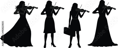 Silhouette of female violinist playing classical music instrument, elegant musician performance isolated on white background illustration