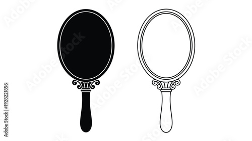 Two ornate handheld mirrors displayed in contrasting black and white silhouette