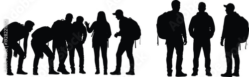Silhouette of group of hikers with backpacks trekking together, adventure travel teamwork concept isolated on white background illustration
