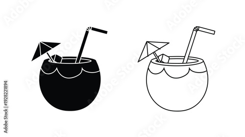 Two coconut drinks one black and one white in outline silhouette