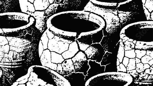 Cracked earthenware pots group displayed outdoors drying and weathered