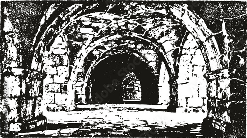 Ancient stone arched hallway with textured walls and shadows in historical architecture