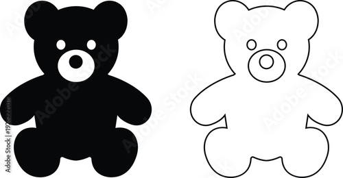 teddy bear vector set collection group with cute toy silhouette and outline icons, baby nursery plush mascot symbol isolated on transparent background, editable minimalist design