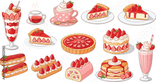 Strawberry Dessert Vector Collection with Cakes Pastries Milkshake Pancakes Tart Eclair Tea Cup and Sweet Bakery Illustrations