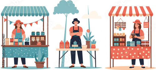 Vector illustration of a man with a suitcase walking among people in the city in a cartoon style