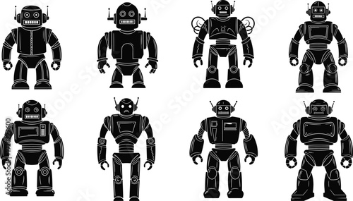 Vector illustration of people and men silhouettes in cartoon robot and warrior character styles