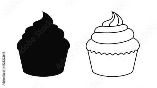Two cupcake illustrations one a solid black silhouette