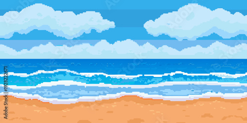 Pixelated seascape depicting a beach ocean waves and a blue sky