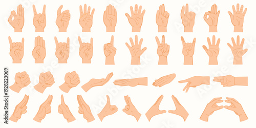 Collection of diverse hand gestures and poses in a flat design style