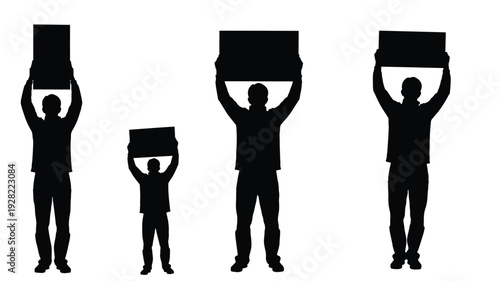People of varying heights holding up rectangular signs silhouette