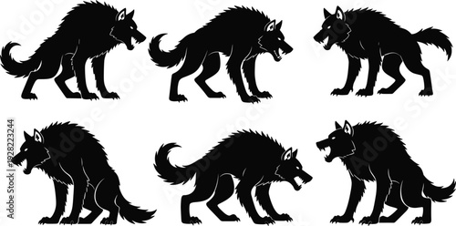 Vector illustration set of animal silhouettes including dog, horse, cat, elephant, lion, tiger, bear, cow, and wolf in black outline style