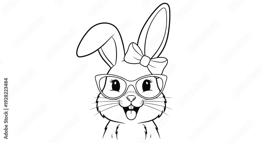 Fototapeta premium Cute and nerdy bunny character face shown as a line art illustration for coloring, featuring a bow and large, stylish eyeglasses.