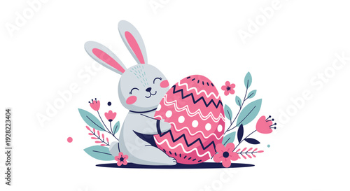 Sweet Easter bunny character hugging a large pink decorated egg, sitting amongst flowers and leaves in a charming spring illustration.
