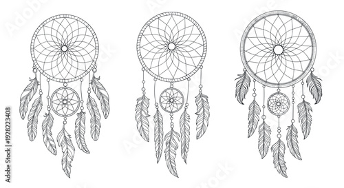 Set of three intricately detailed, hand-drawn dreamcatchers with woven nets and hanging feathers in a black and white sketch style.