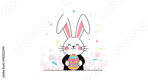 Cheerful cartoon Easter bunny with long ears and pink cheeks holding a beautifully decorated egg, surrounded by flowers and confetti.