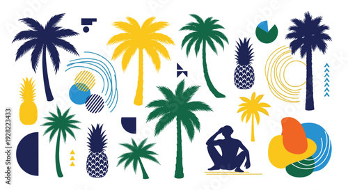 Modern abstract summer set with colorful silhouettes of palm trees, pineapples, and a sitting person, combined with various geometric shapes.