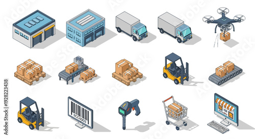 Isometric logistics and delivery service icons including trucks, drone, warehouse, forklift, scanner, barcode and online shopping cart