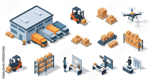 Isometric warehouse logistics and delivery services with forklifts, trucks, drone, and employees