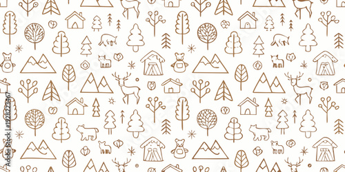 Whimsical hand drawn pattern featuring trees mountains and cozy homes