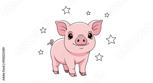 Adorable smiling pink piglet character standing happily, surrounded by a magical sprinkle of outlined stars on a white background.