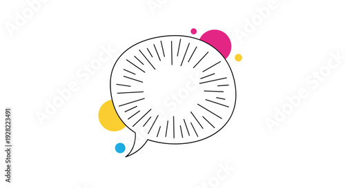 Comic book style speech bubble with internal sunburst lines for emphasis, accented by colorful dots on the outside, on a white background.
