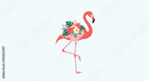 Graceful pink flamingo standing on one leg with a beautiful bouquet of tropical flowers and leaves on its back, on a light blue background.