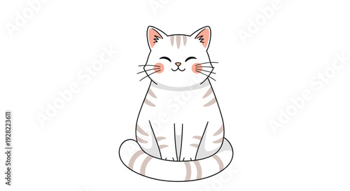 Sweet and simple cartoon illustration of a cute white cat with beige stripes, sitting with its tail curled around its feet and smiling.
