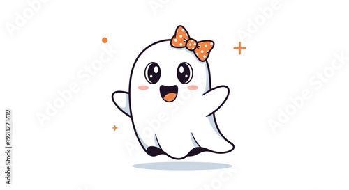 Adorable and friendly cartoon girl ghost character with a cute orange polka dot bow, smiling and waving happily for Halloween.