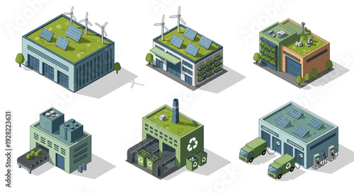 Collection of isometric buildings showcasing sustainable energy and industrial architecture