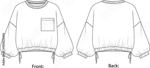Women cropped sweatshirt front and back view mockup, casual elastic hem apparel template isolated on white background