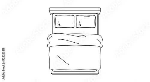 Simple and clean black and white line drawing of a double bed with two pillows and a neatly folded duvet, shown in top-down view.