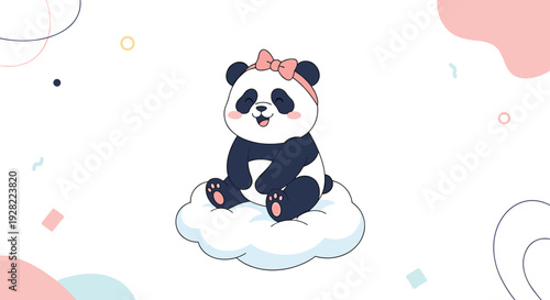 Adorable cartoon baby panda girl with a pink bow on her head sitting happily on a fluffy cloud against a background with abstract shapes.